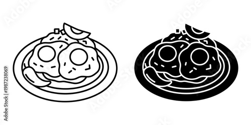 A hearty breakfast platter with two fried eggs and potato hash garnished with a lime wedge in a modern black and white graphic style for food designs.
