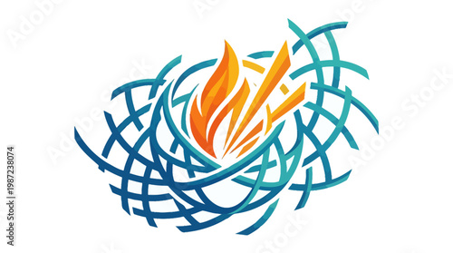 Abstract Flame Symbol with Blue Swirls