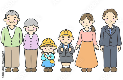 三世代の家族が並ぶシンプルなフラットイラスト｜親子と子どもの温かい日常風景