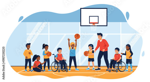 Inclusive group of diverse children including those in wheelchairs playing basketball in an indoor court gym with their coach or teacher.