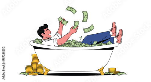 Successful and happy businessman lying in a luxury bathtub filled with banknotes and gold coins while tossing money in the air.