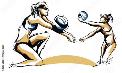 Vector illustration, female beach volleyball players in action