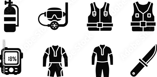 scuba diving equipment silhouette vector set featuring oxygen tank snorkel mask life jacket wetsuit dive computer and knife icons isolated on white background