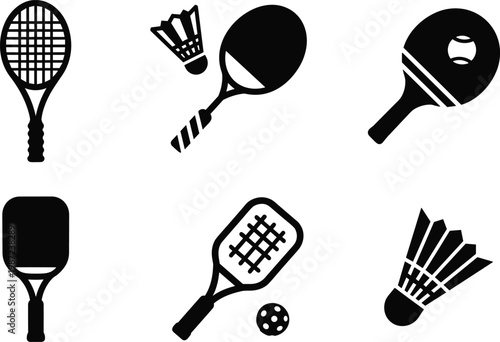 racket sports silhouette vector set featuring tennis badminton table tennis and pickleball rackets with shuttlecock and ball icons isolated on white background