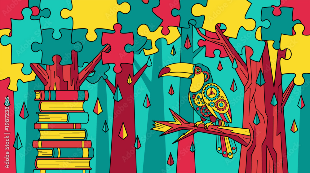 Naklejka premium Jigsaw Puzzle Jungle with Mechanical Gear Toucan and Book Trees Pop Surrealism Flat Illustration with Bold Outlines