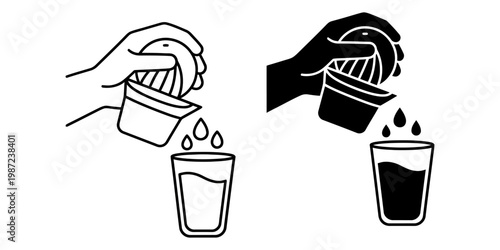 Hand squeezing fresh orange juice using manual citrus juicer icon set showing preparation of healthy beverage into glass in outline and solid styles for kitchen apps and health food marketing.