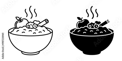 Steaming hot oatmeal or porridge with apples and cinnamon sticks in bowl, warm and hearty breakfast cereal, healthy comfort food, traditional dish design.