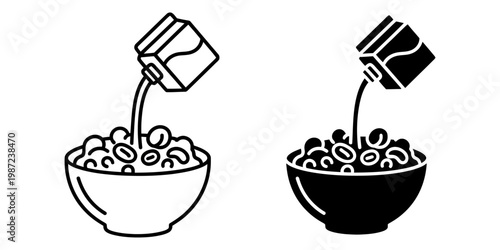 Cereal pouring into bowl icon, breakfast flakes with milk stream, morning meal preparation, quick and easy food, crisp grain product, dietary staple.