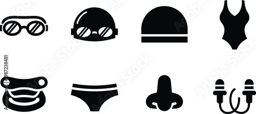 swimming gear silhouette vector set featuring goggles swim cap swimsuit snorkel mask nose clip and ear plugs icons isolated on white background