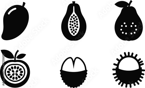 tropical fruits silhouette vector set featuring mango papaya guava passion fruit and exotic fruit icons isolated on white background
