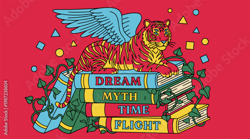 Four Eyed Winged Tiger Perched On Giant Books Pop Surrealism Flat Illustration With Bold Outlines