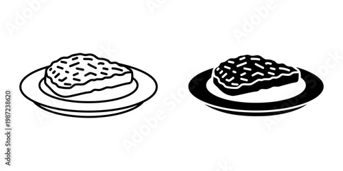 Steak served on a plate both in outline and filled versions, representing simple food service icons for culinary themes and restaurant menus, perfect for web graphics.