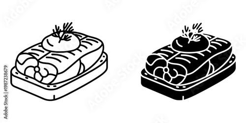Salmon steak on a platter with tomato and dill decoration, presented in outline and filled styles for food presentation icons and elegant dining visuals for culinary websites.