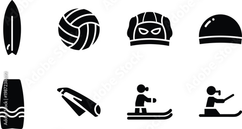 water sports silhouette vector set featuring surfboard volleyball water polo cap swim cap wetsuit flippers scuba diving fins jet ski and water skiing icons isolated on white background
