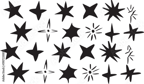 Black crayon hand drawn stars and sparkles set. Childish doodle sparks collection. Grunge rough brush stroke shine element pack for collage, poster, sticker, label. Kid sketched pencil symbols. Vector