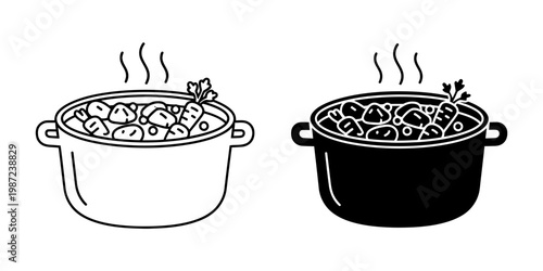 Cooking pot with stew icon set showing hot vegetable soup with carrots and potatoes in outline and solid styles for kitchen equipment branding and healthy homemade recipe blog graphics decoration.