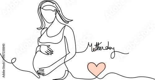 Abstract vector illustration of a pregnant woman silhouette in a flowing dress with a butterfly, featuring an elegant black line art sketch of a mother's beauty and figure