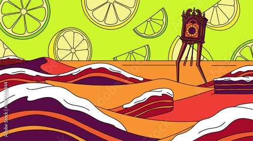Surreal Desert with Velvet Cake Dunes and Walking Clock Pop Surrealism Flat Illustration with Bold Outlines