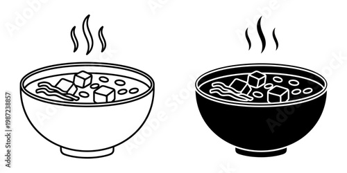 Miso soup, japanese food, traditional asian cuisine with tofu and seaweed, hot broth served in bowl, black and white line art vector illustration for restaurant menu design.