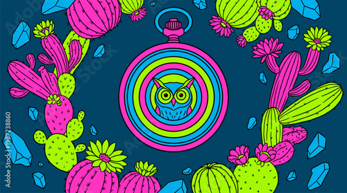 Floating Pocket Watch with Owl Face and Desert Cacti Pop Surrealism Flat Illustration with Bold Outlines