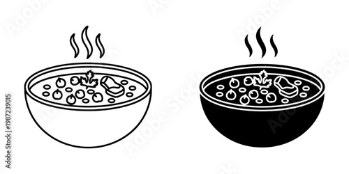 Hearty bowl of soup with garnish and steam rising, presented in both line art and silhouette styles on white background.