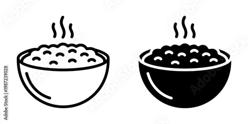 Hot steamy bowl of rice depicted in black outline and solid black for contrasting design elements isolated on white background.