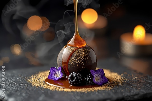 Gourmet Chocolate Truffle Ball with Flowing Caramel Sauce, Blackberries, and Edible Flowers on Slate Plate.