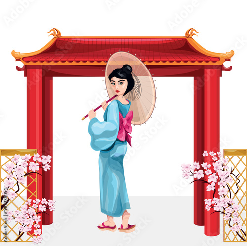 Japanese geisha near the cherry blossom garden