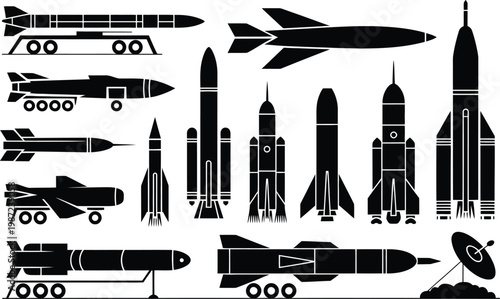 Space rocket and military missile vector, illustration set, aerospace technology icons featuring shuttle launch vehicle and ballistic weapon silhouettes for defense industry design.