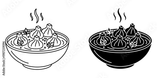 Steaming dumplings in bowl, possibly Khinkali, shown in outline and filled versions for modern culinary graphics.