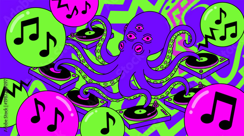 Multi-eyed Octopus Playing Vinyl Records on Floating Turntables Pop Surrealism Flat Illustration with Bold Outlines