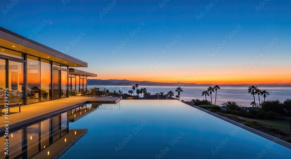 Fototapeta premium Modern luxury home exterior overlooking infinity pool ocean view sunset