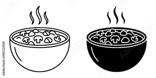 Mushroom soup bowl vector icon with steam rising for healthy diet concepts and vegetarian restaurant menu designs isolated on white background with simple line art and silhouette style versions.