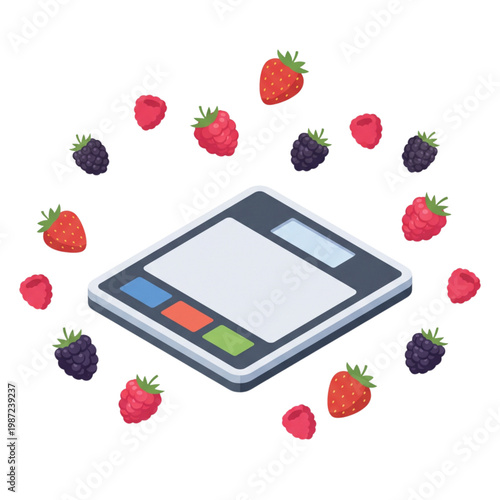 Isometric illustration of a gray digital food scale surrounded by floating fresh strawberries raspberries and blackberries on a clean white background.