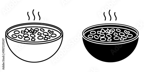 Vegetable lentil soup bowl vector icon with steam and mixed ingredients for vegan food concepts and healthy eating lifestyle designs isolated on white background with outline and silhouette style.