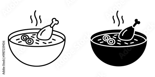 Hot chicken soup bowl with drumstick and steam vector icons in line and glyph style for restaurant menu design culinary websites recipe illustrations and home cooking concepts on white background.