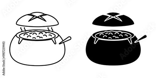 Traditional bread bowl soup steaming in ceramic pot with lid open and spoon on side, line art and silhouette versions included, warm comforting meal illustration.