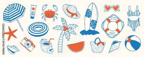 Hand drawn summer beach set with tropical vacation elements. Umbrella, surfboard, palm tree, crab, swimsuit and accessories. Collection for travel design. Vector drawing bundle on isolated background.