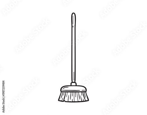 Simple broom illustration showing full handle. Clean line art depiction of classic bristled broom with long handle, neutral monochrome stroke on white background, evokes tidy domestic maintenance