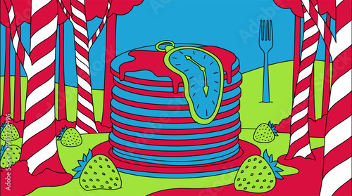 Stack of Pancakes with Melting Pocket Watch in Candy Striped Forest Pop Surrealism Flat Illustration with Bold Outlines