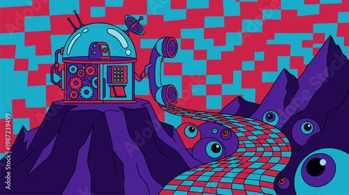 Retro Futuristic Telephone Booth On Mountain In Pop Surrealism Flat Illustration Style With Bold Outlines And Saturated Colors