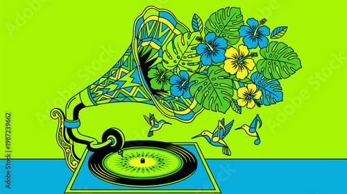 Vintage Gramophone Playing Tropical Flowers Pop Surrealism Flat Illustration With Bold Black Outlines