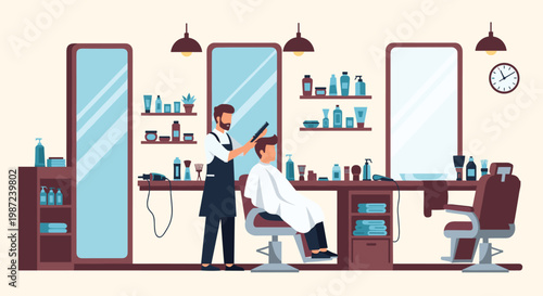 Professional barbershop interior scene with a barber cutting a male customer's hair in a modern and well equipped hair salon.