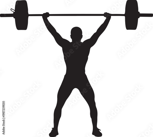 Silhouette of Strong Weightlifter Lifting Heavy Barbell Overhead Isolated on White Background