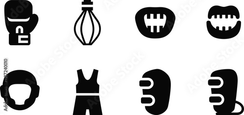 Boxing and sports gear silhouette vector set with gloves helmet mouthguard training outfit and protective equipment icons isolated on white background