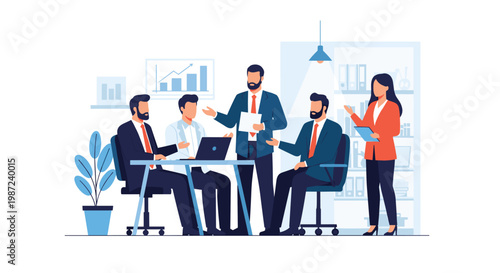 Team of diverse business professionals having a productive meeting and discussion around a table in a modern office workspace.