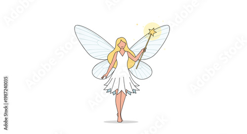 Adorable fairytale fairy girl with long blonde hair and large transparent wings holding a magical star wand on white background.
