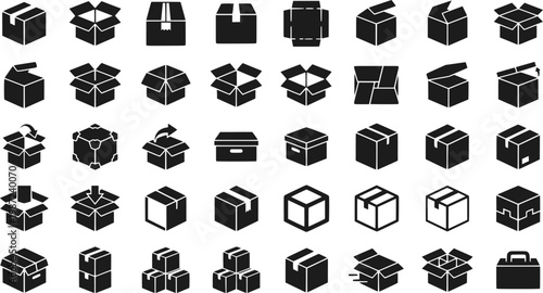 Box icon set isolated on white background. Empty open shipping box or unboxing line art.
