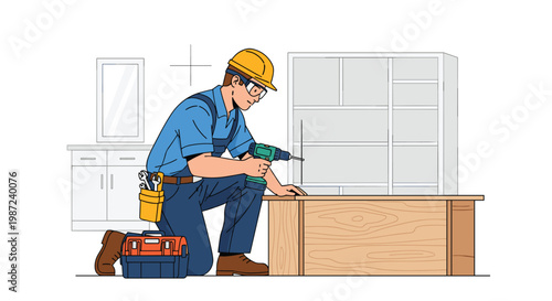 Professional carpenter or woodworker wearing a hard hat and safety glasses while using a power drill to assemble a wooden cabinet.