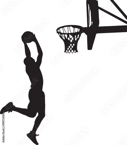 Silhouette of a Basketball Player Soaring for a Slam Dunk Against a White Background